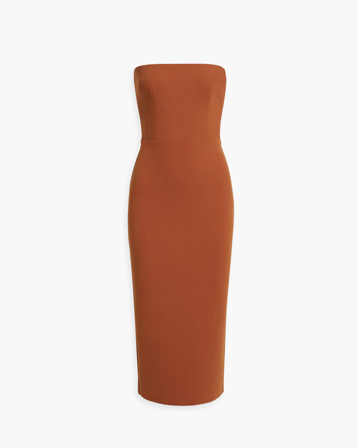 Woman modeling a rust-colored strapless stretch-crepe midi dress with strappy sandals — Alex Perry | Endless UAE