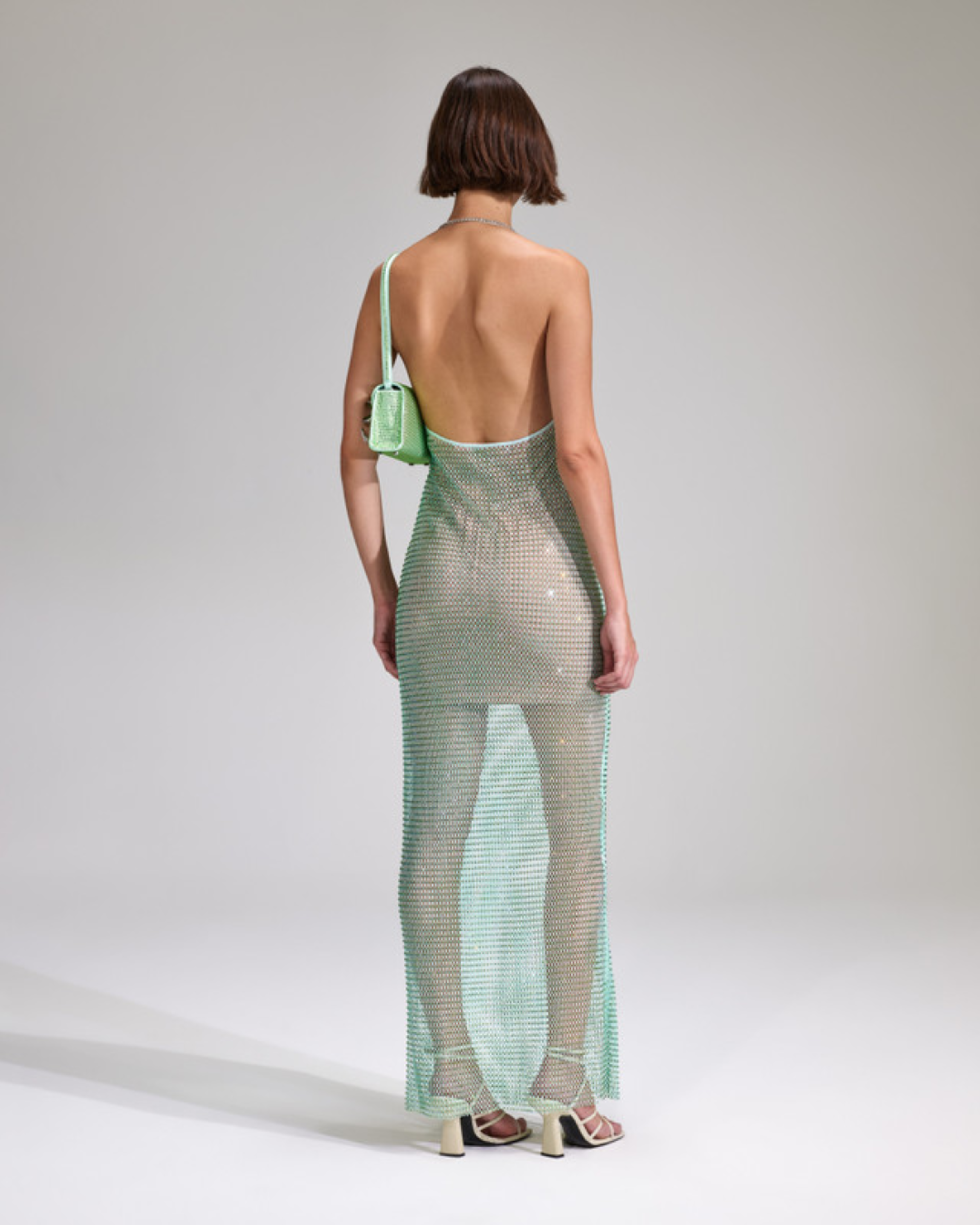 Mint rhinestone fishnet cowl neck maxi dress with spaghetti straps — Self-Portrait | Endless UAE