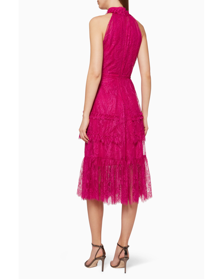 Magenta lace halter midi dress with tiered ruffle hem and bow waist detail — Alexis | Endless UAE