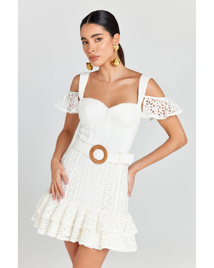 White lace cold-shoulder dress with ruffled hem and woven belt — Nadine Merabi | Endless UAE
