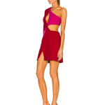 One Sleeve Cutout Mini Dress in pink and red colorblock with side slit and midriff cutout detail — PatBo | Endless UAE