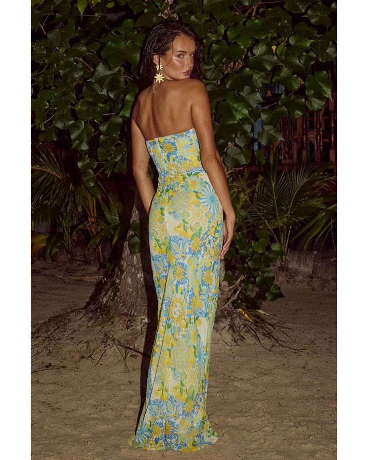 Velzy Strapless Maxi Dress in yellow floral print — Runaway The Label | Endless UAE