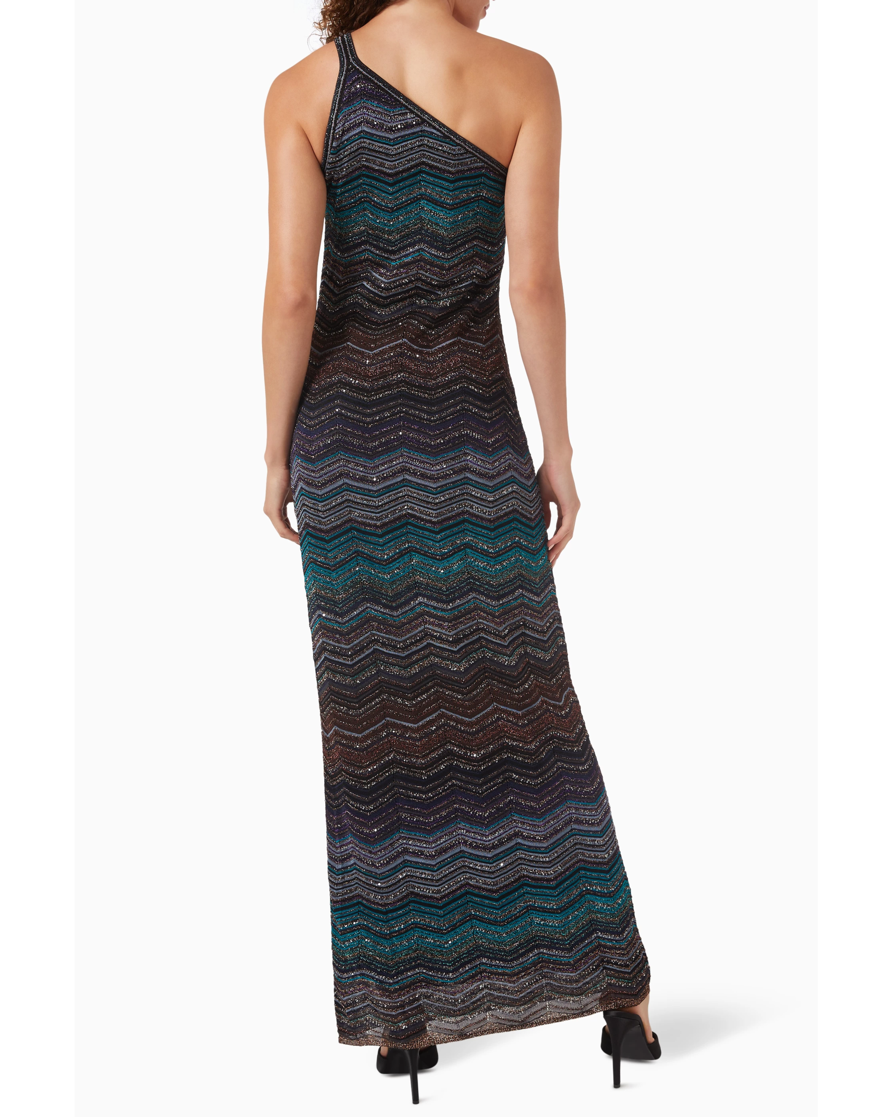 Embellished one-shoulder maxi dress with chevron pattern in teal and multicolor — Missoni | Endless UAE