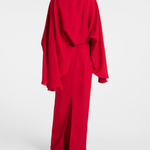Elegant red evening gown with dramatic cape sleeves and wide-leg trousers, shown from back — Taller Marmo | Endless UAE