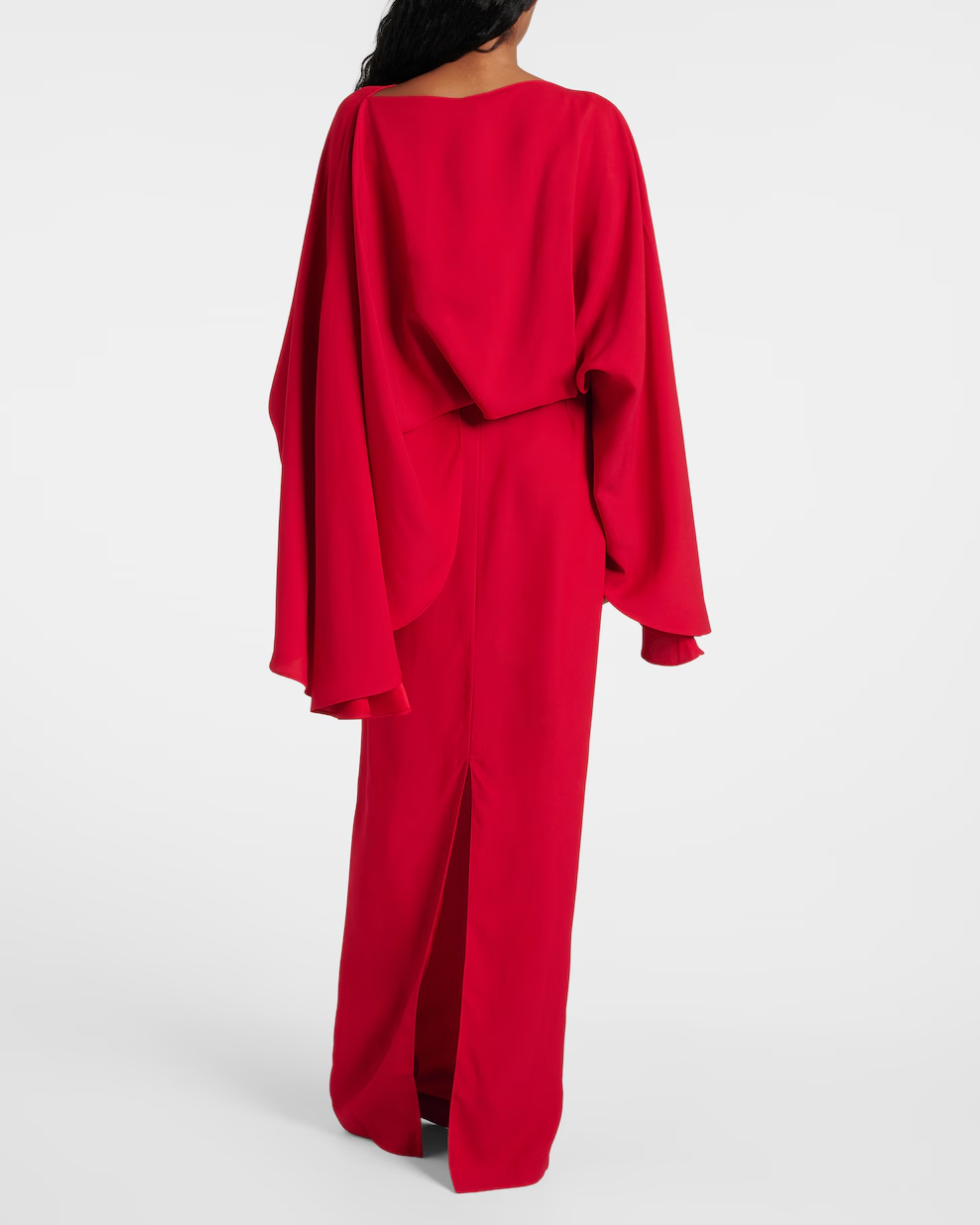 Elegant red evening gown with dramatic cape sleeves and wide-leg trousers, shown from back — Taller Marmo | Endless UAE