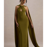 Rhoda Twist Halter-Neck Cape Maxi Dress