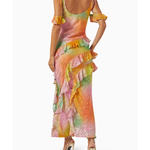Multicolored tie-dye midi dress with ruffled details and cold shoulder sleeves — Never Fully Dressed | Endless UAE