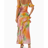 Multicolored tie-dye midi dress with ruffled details and cold shoulder sleeves — Never Fully Dressed | Endless UAE
