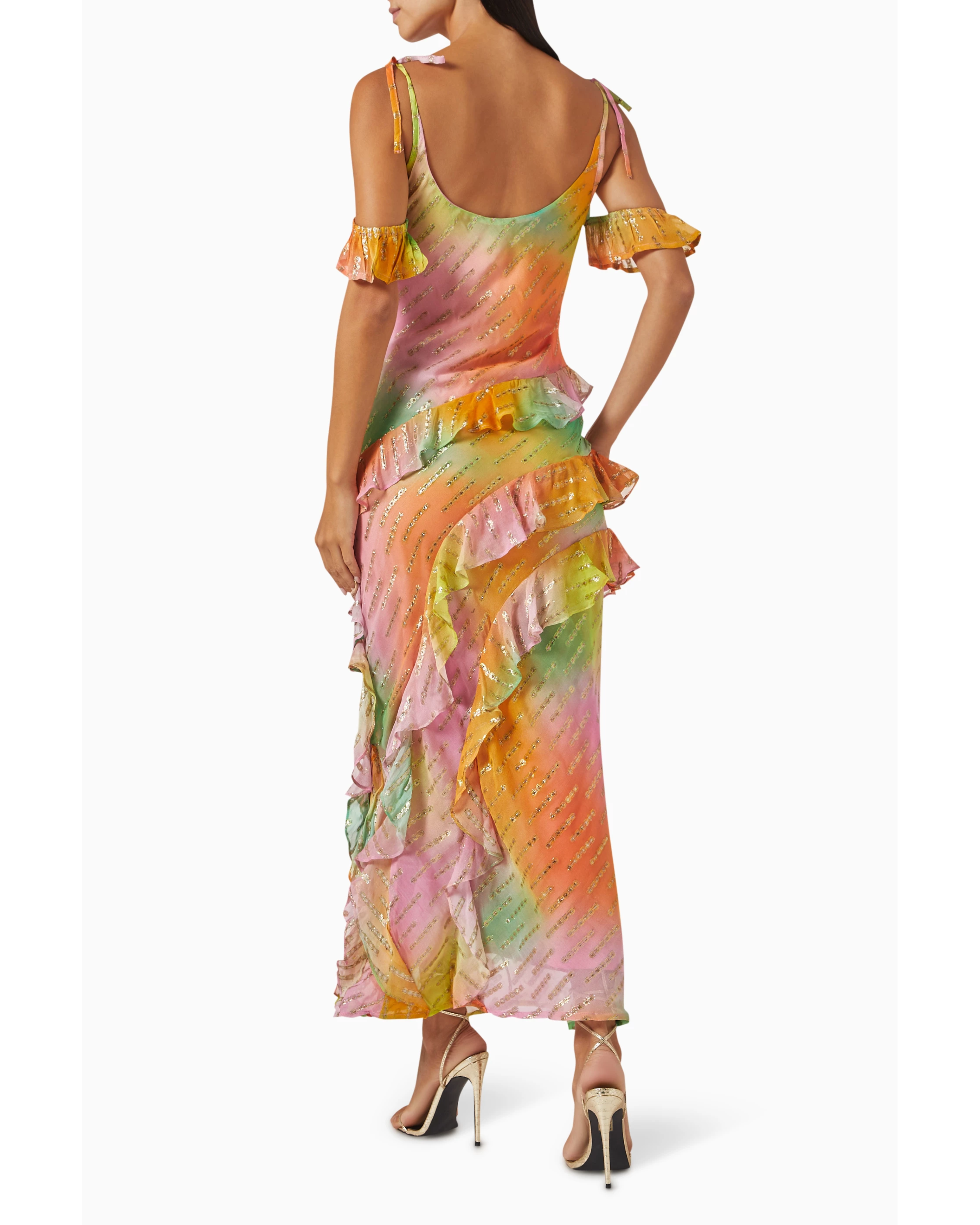 Multicolored tie-dye midi dress with ruffled details and cold shoulder sleeves — Never Fully Dressed | Endless UAE