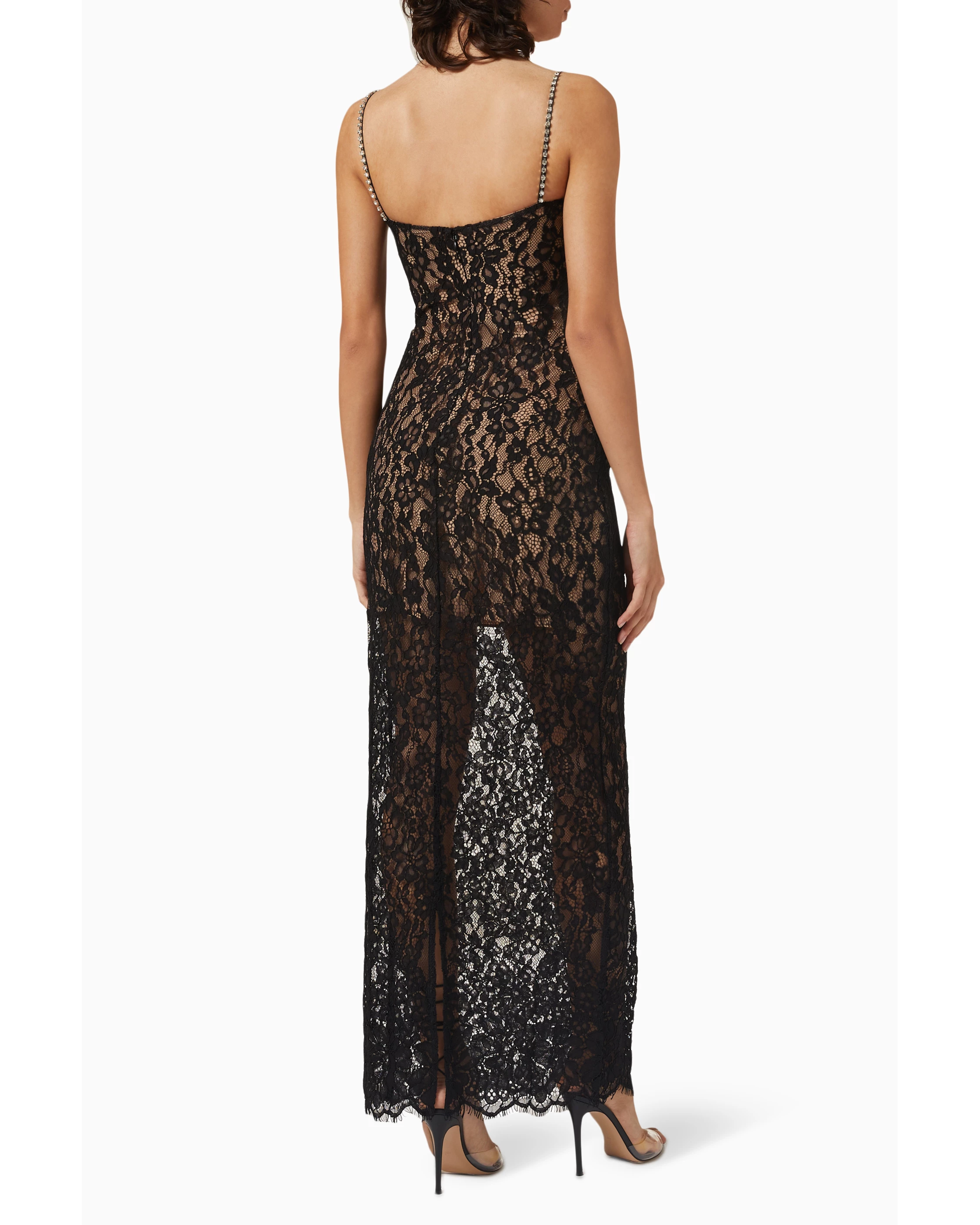 Black lace maxi dress with crystal-embellished straps and sweetheart neckline — Self-Portrait | Endless UAE