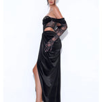 Black velvet corset gown with lace sleeves and high slit, off-shoulder design — Miss Circle | Endless UAE