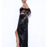 Black velvet corset gown with lace sleeves and high slit, off-shoulder design — Miss Circle | Endless UAE