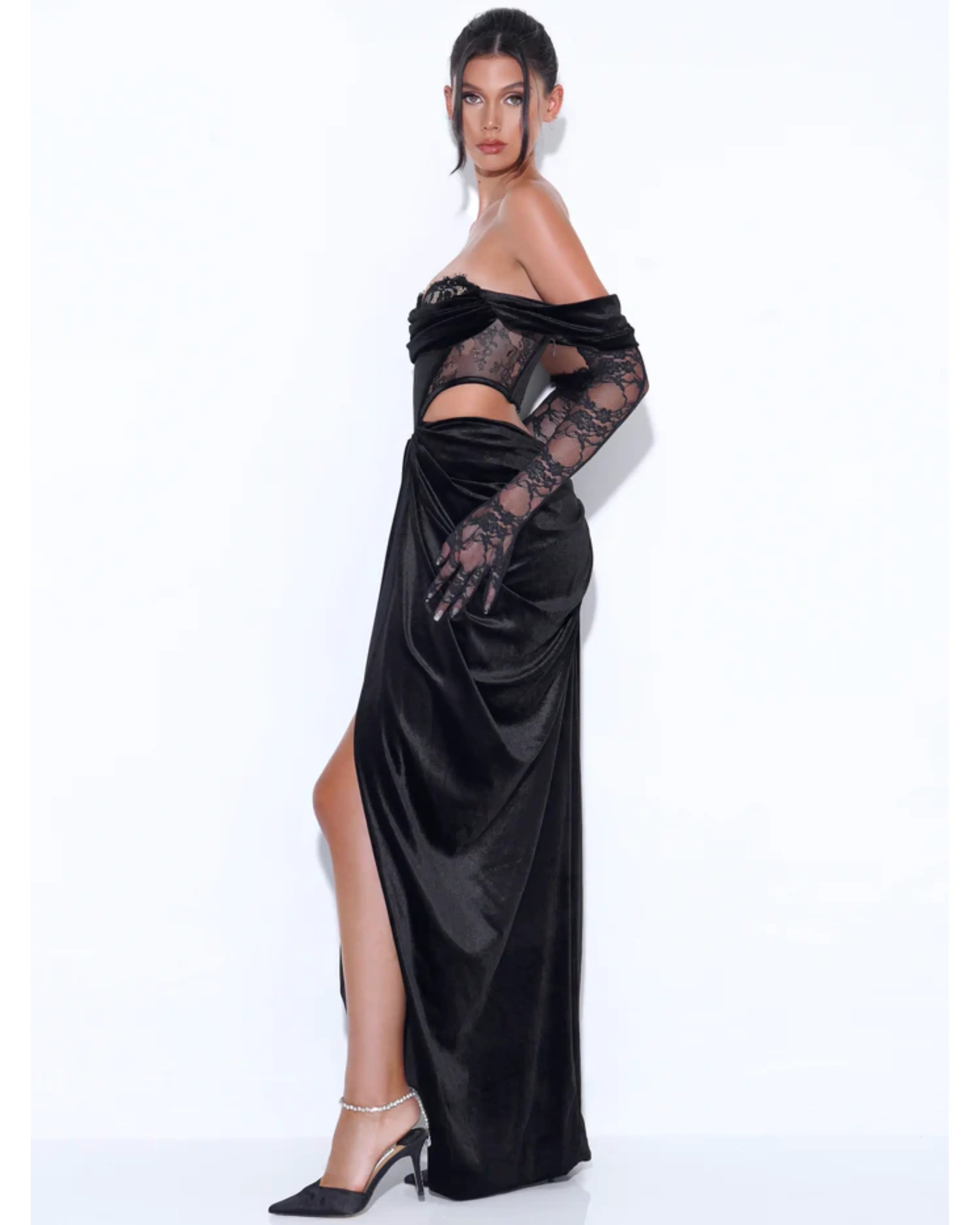 Black velvet corset gown with lace sleeves and high slit, off-shoulder design — Miss Circle | Endless UAE