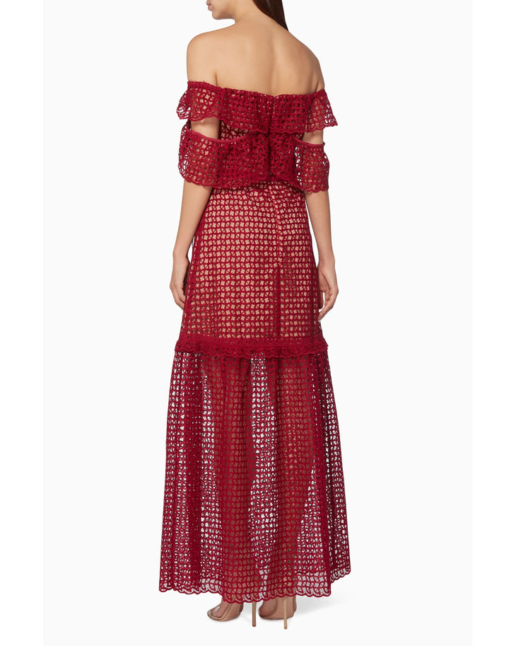 Red off-the-shoulder lace dress with ruffled sleeves and cutwork detailing — Self-Portrait | Endless UAE