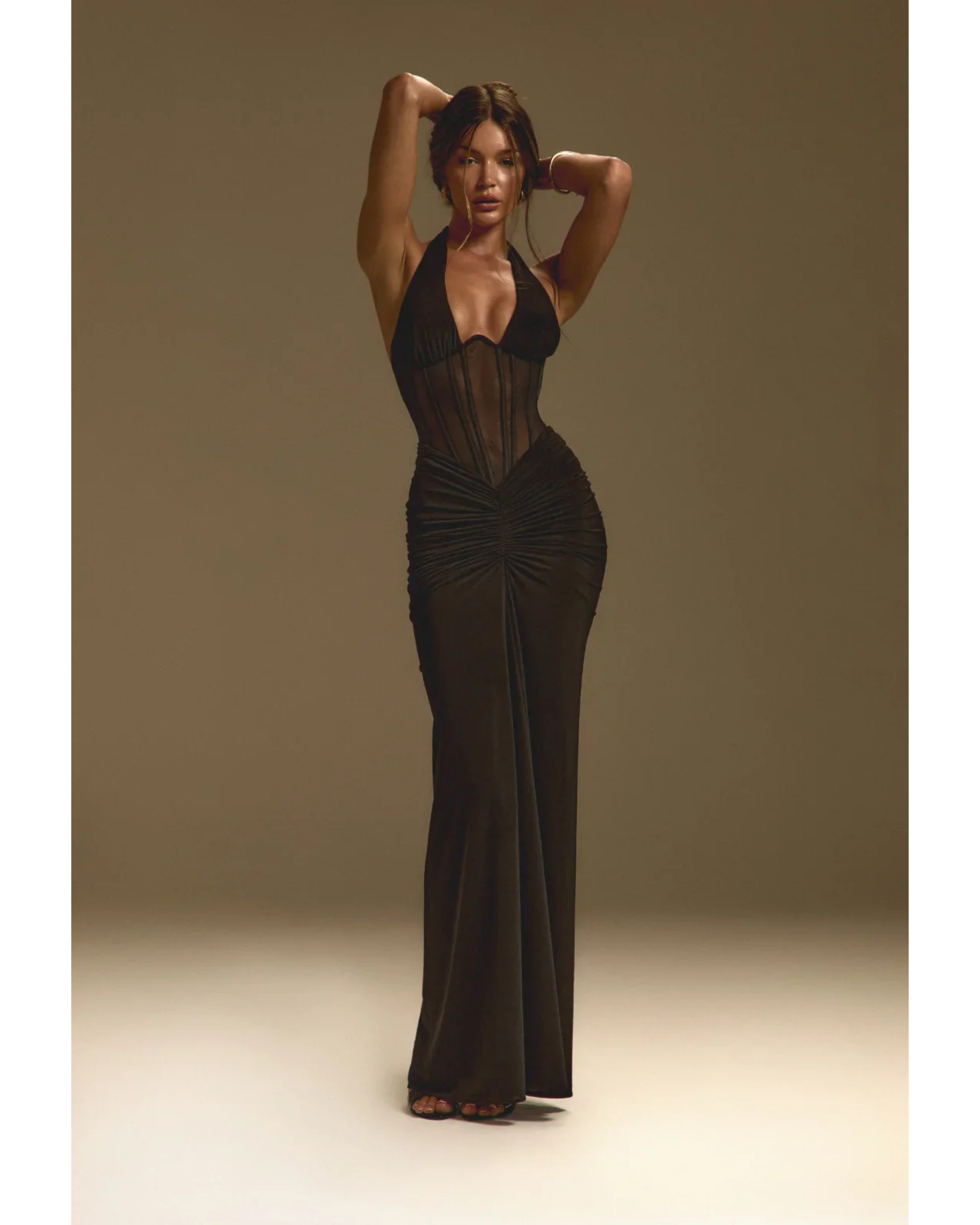 Black halter maxi dress with sheer bodice and ruched detail — Sydney Lane | Endless UAE