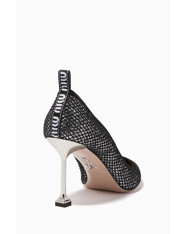 Black glitter mesh pointed-toe pumps with sculptural heel — Miu Miu | Endless UAE