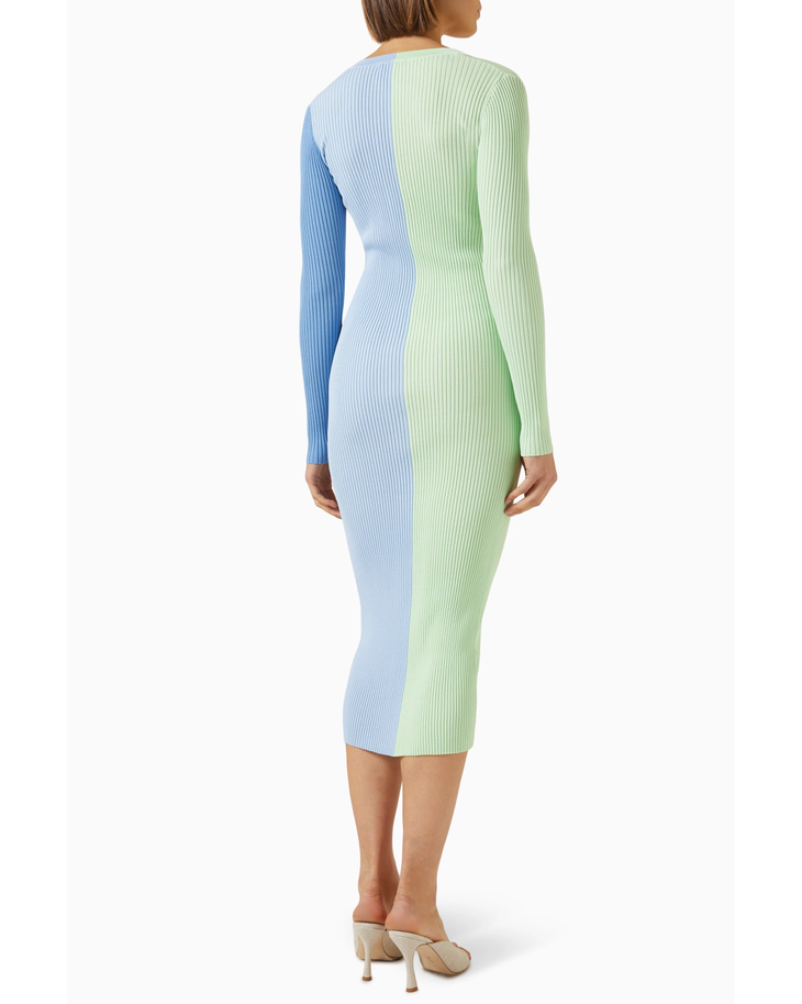 Colorblock ribbed midi dress in mint green and periwinkle blue with button-front closure — Staud | Endless UAE