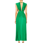 Woman wearing sleeveless green pleated maxi dress with deep V-neckline and cinched waist — L'IDÉE | Endless UAE