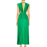 Woman wearing sleeveless green pleated maxi dress with deep V-neckline and cinched waist — L'IDÉE | Endless UAE