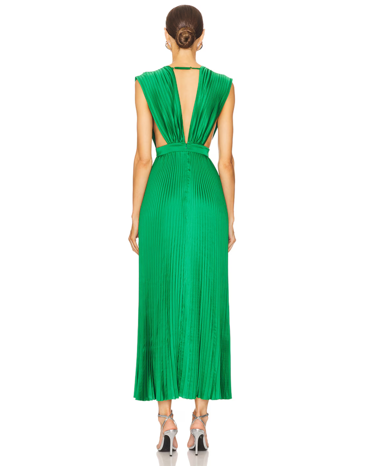 Woman wearing sleeveless green pleated maxi dress with deep V-neckline and cinched waist — L'IDÉE | Endless UAE