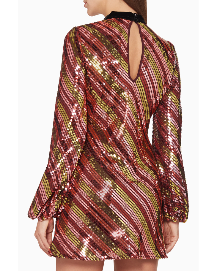 Harriet burgundy sequined mini dress with black velvet collar and cutout details — RIXO | Endless UAE
