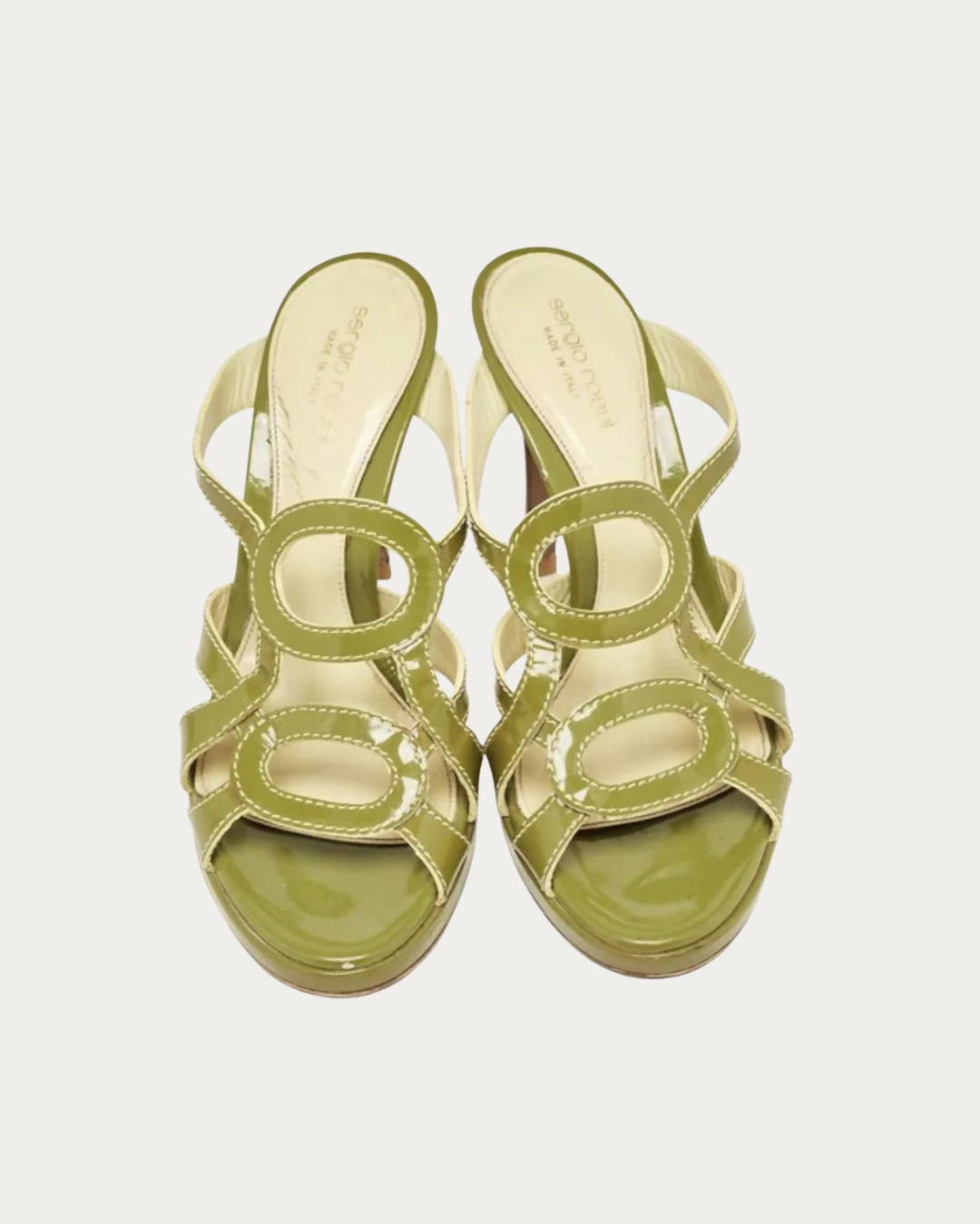 Green patent leather platform strappy heel with crisscross design — Sergio Rossi | Endless UAE