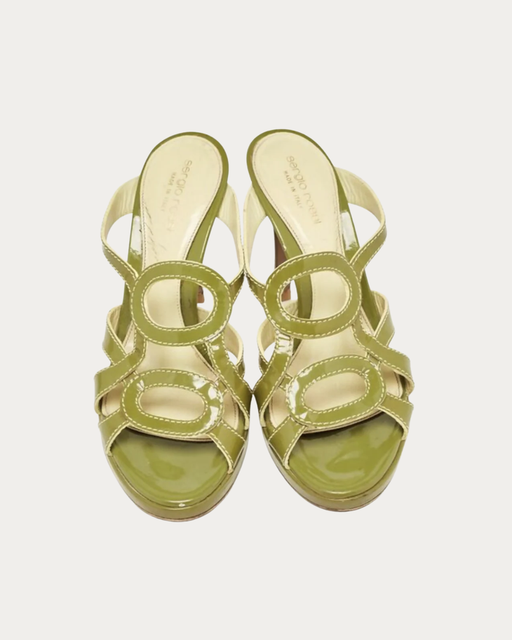 Green patent leather platform strappy heel with crisscross design — Sergio Rossi | Endless UAE
