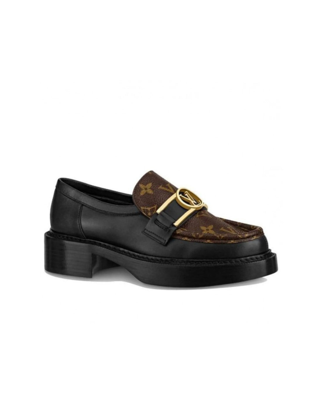 Black leather loafer with brown monogram canvas panel and gold-tone hardware on chunky platform sole — Louis Vuitton | Endless UAE