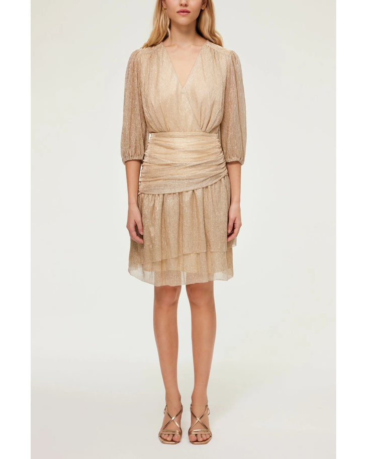 Woman wearing beige wrap dress with ruched waist and three-quarter sleeves — Pablo | Endless UAE