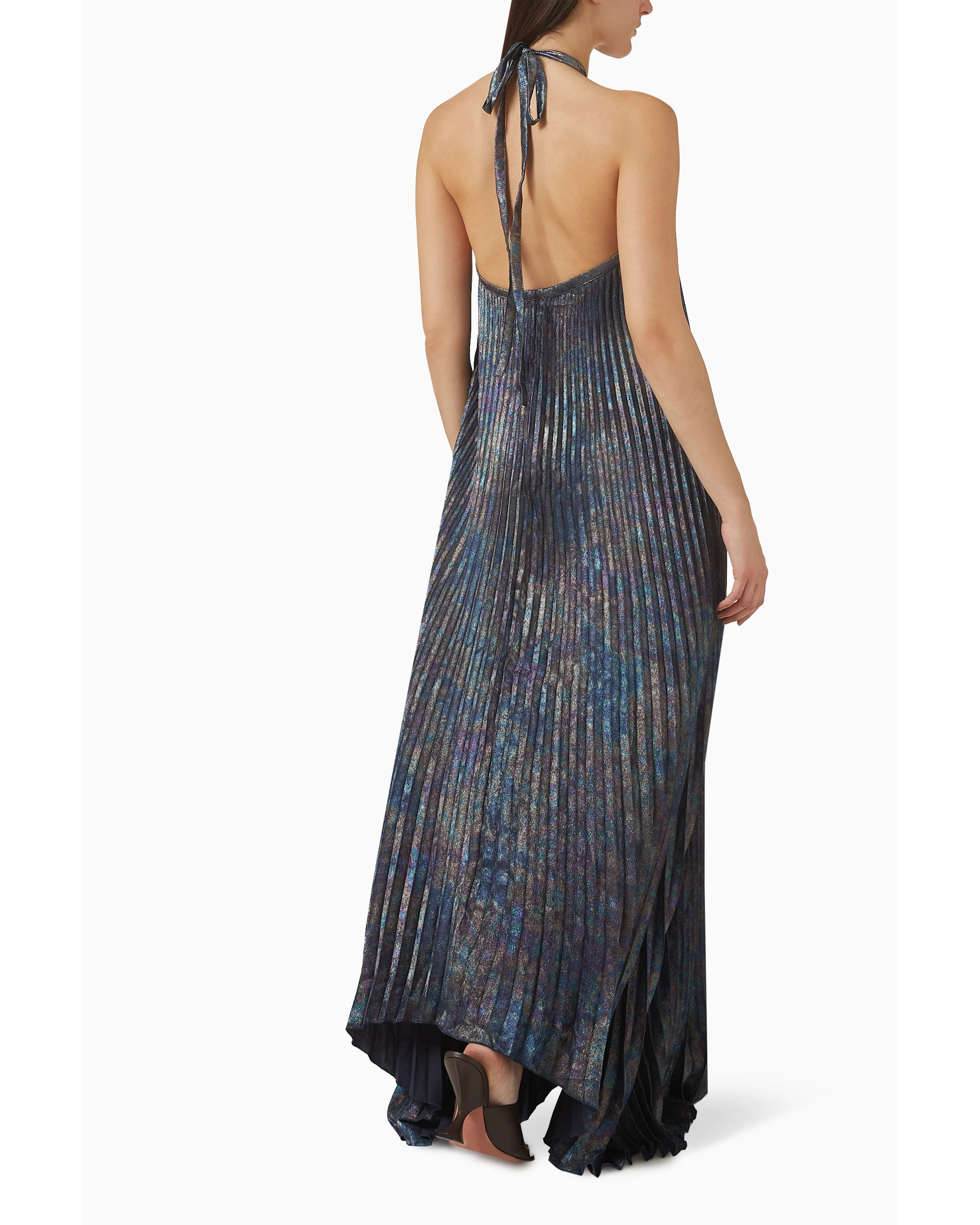 Deesse Halterneck Gown in midnight blue pleated fabric with dramatic train — L'IDÉE | Endless UAE