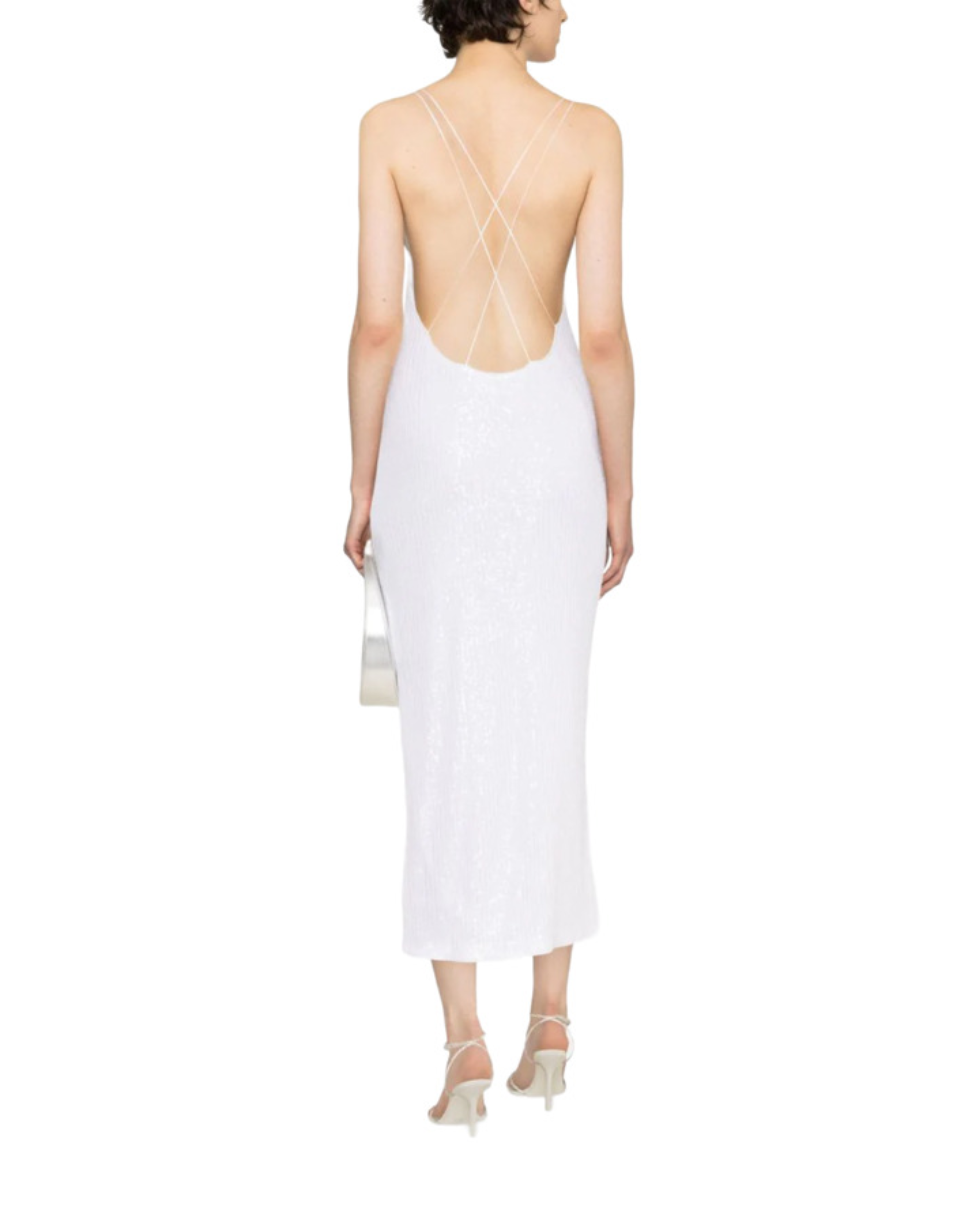 Woman wearing white sequin midi camisole dress with strappy heels — Rotate | Endless UAE