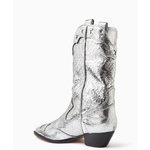 Silver crackled leather western-style cowboy boot with black heel and decorative stitching — Schutz | Endless UAE