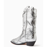 Silver crackled leather western-style cowboy boot with black heel and decorative stitching — Schutz | Endless UAE