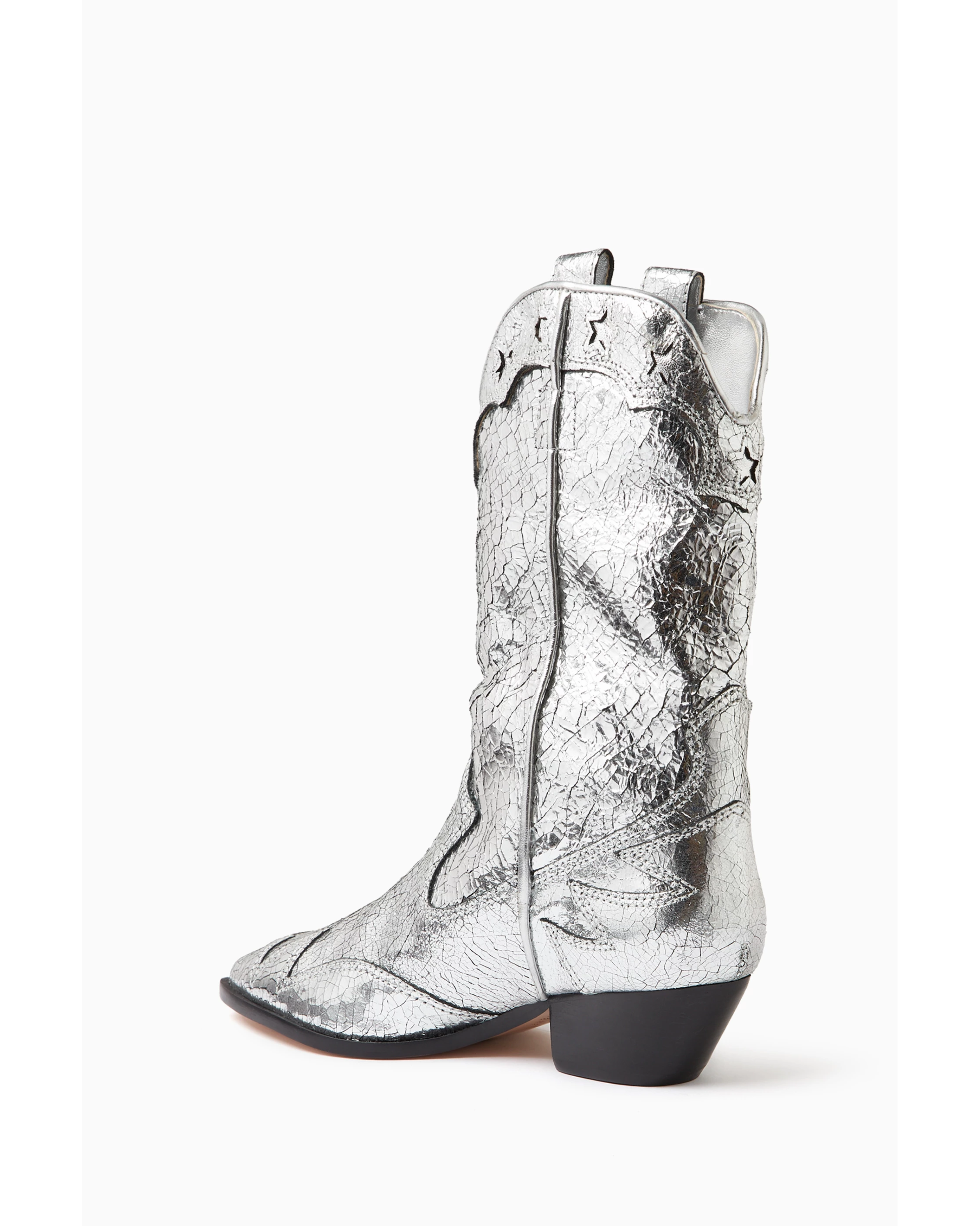 Silver crackled leather western-style cowboy boot with black heel and decorative stitching — Schutz | Endless UAE