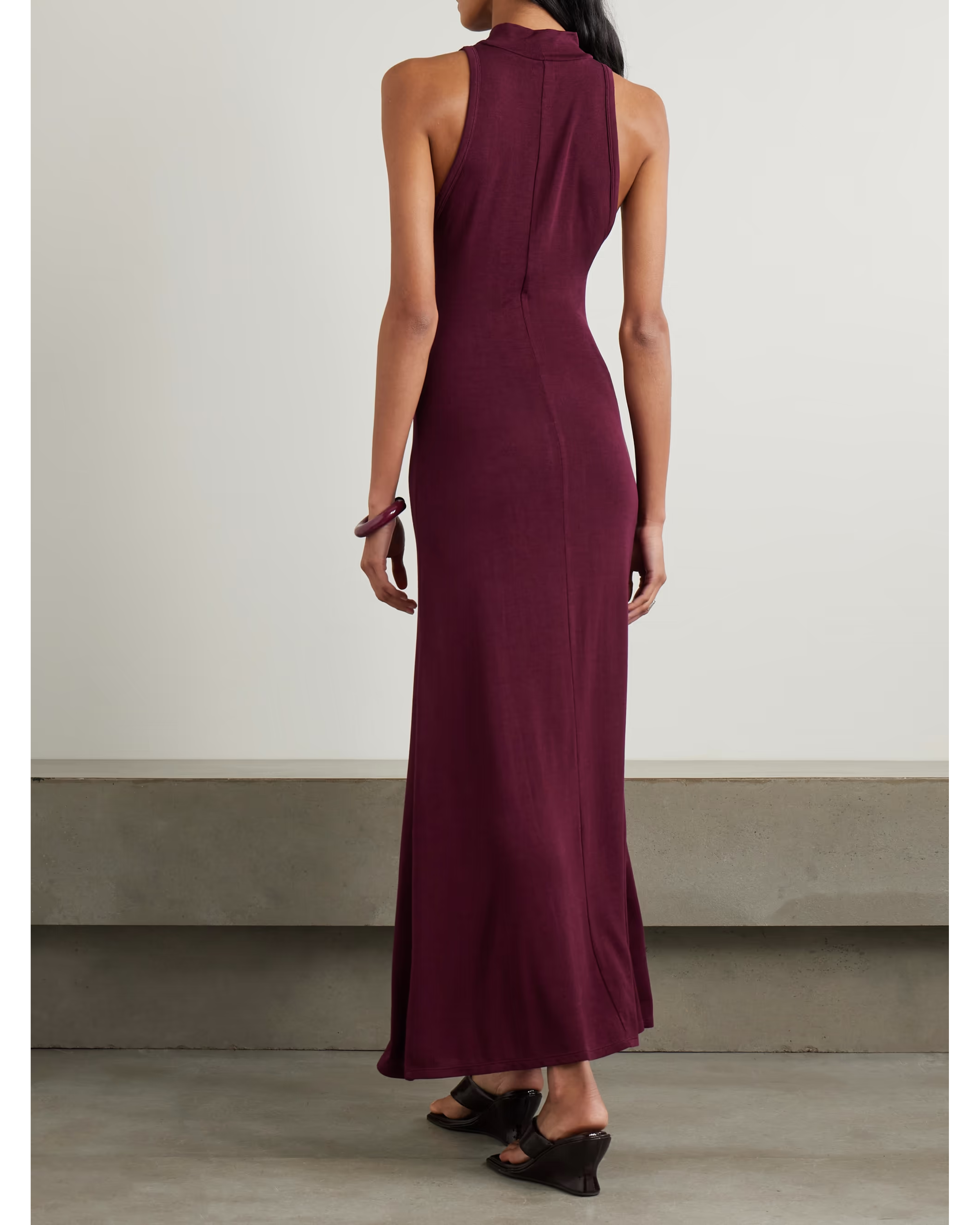 Burgundy sleeveless hooded maxi dress in Tencel Lyocell blend jersey — St Agni | Endless UAE