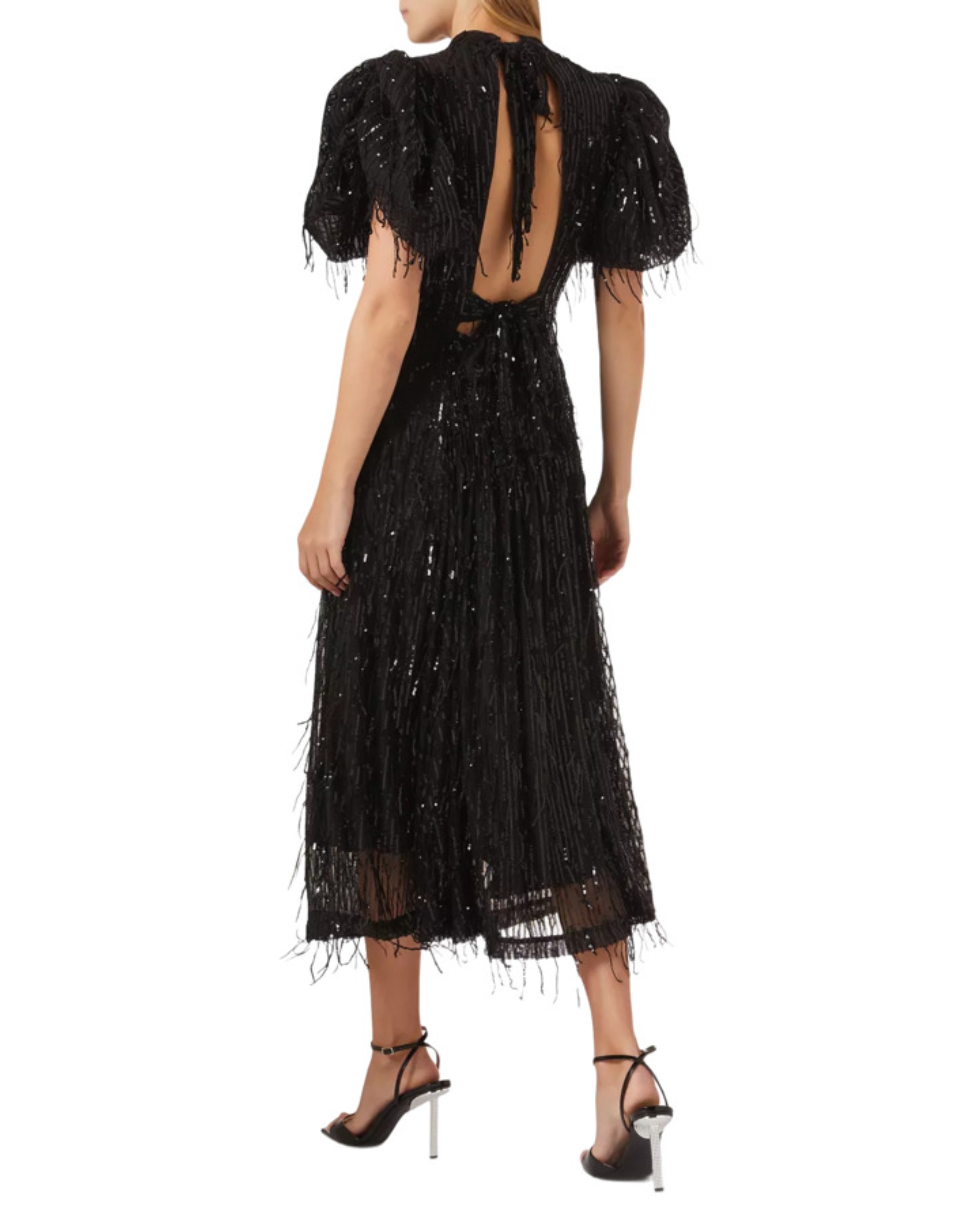 Black sequin fringe midi dress with puffed sleeves — Rotate Birger Christensen | Endless UAE