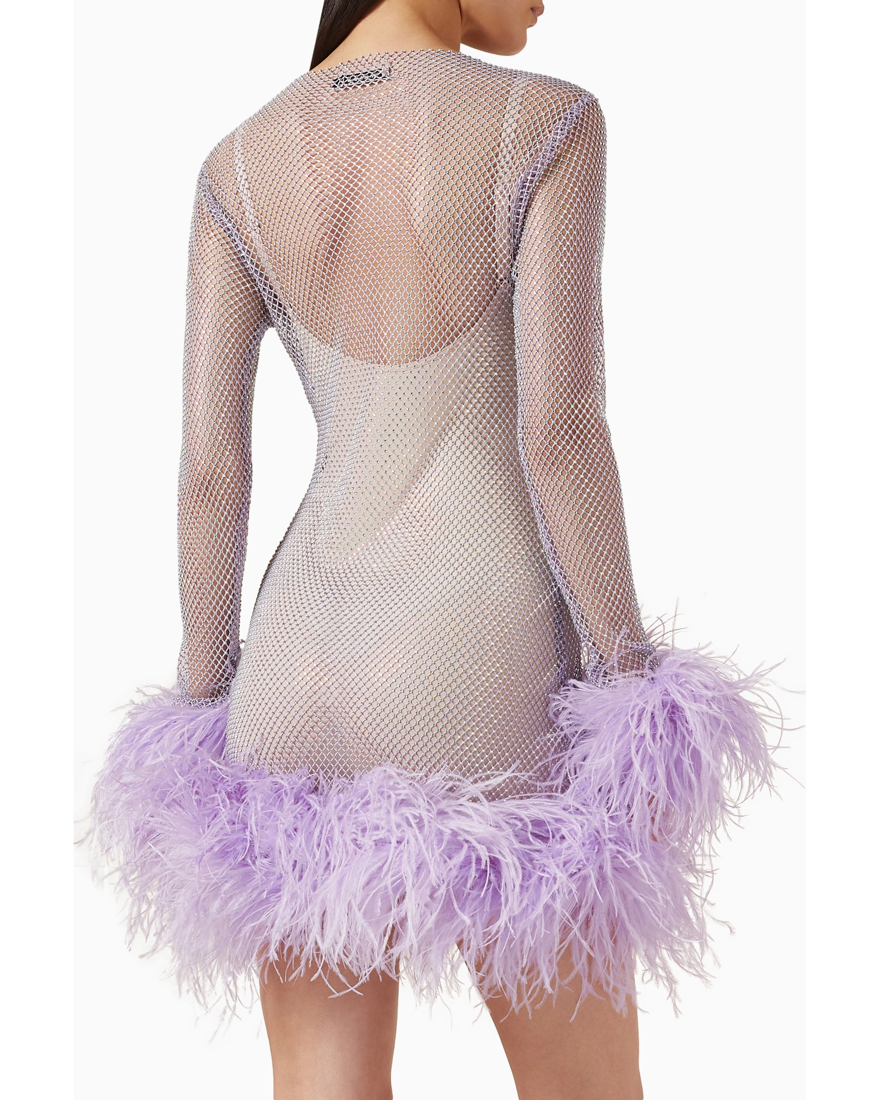 Sheer mesh mini dress with lavender feather trim hem and long sleeves — The New Arrivals | Endless UAE