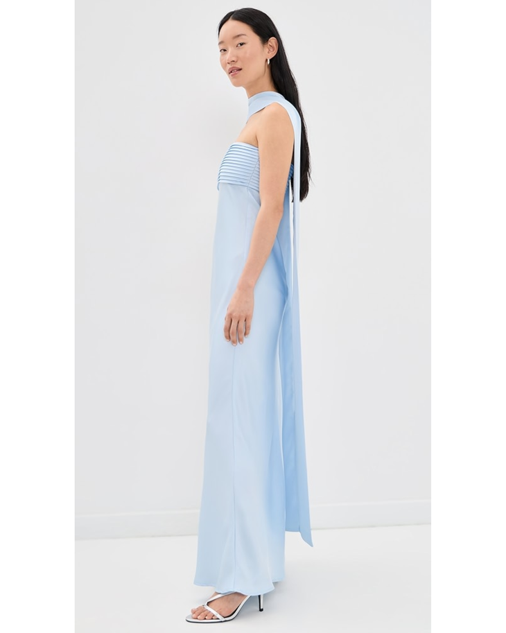 Elsa Maxi Dress in light blue with pleated bodice and flowing cape — Runaway The Label | Endless UAE