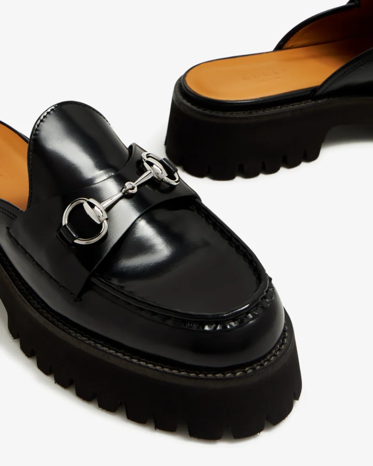 Black leather Horsebit mules with chunky lug sole and silver hardware — Gucci | Endless UAE