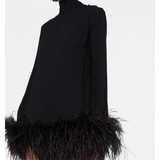 Black turtleneck mini dress with feather trim hem — Taller Marmo | Endless UAE