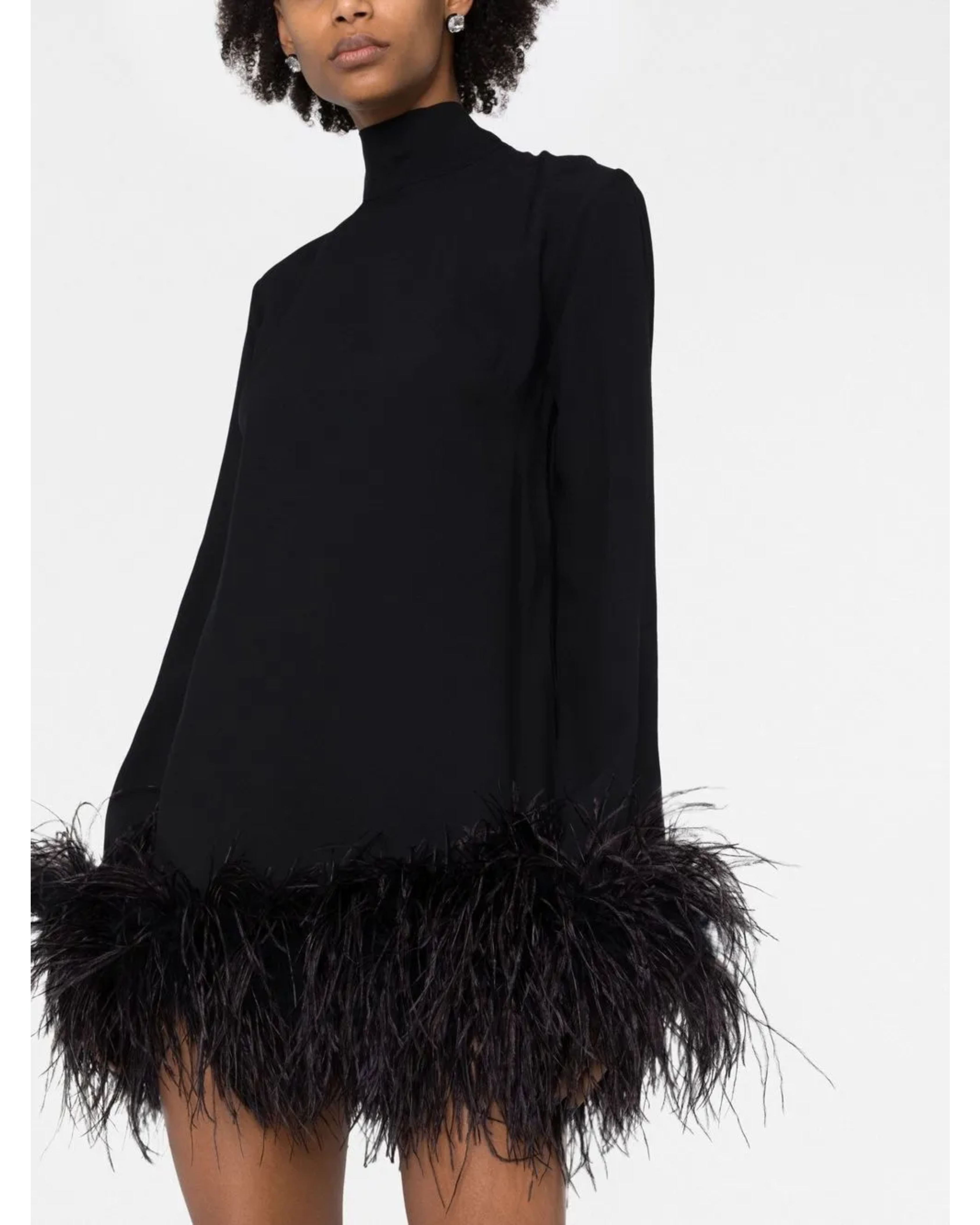 Black turtleneck mini dress with feather trim hem — Taller Marmo | Endless UAE