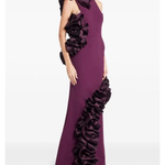 Burgundy halter gown with ruffled appliqué detailing on sides — Greta Constantine | Endless UAE