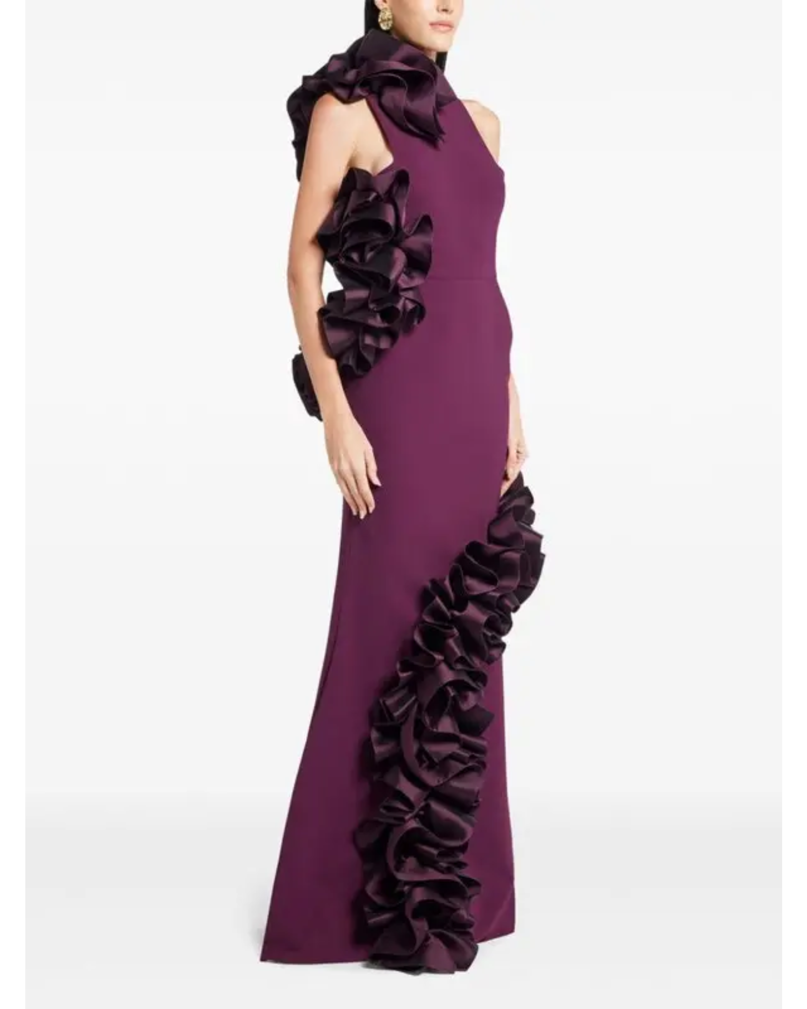 Burgundy halter gown with ruffled appliqué detailing on sides — Greta Constantine | Endless UAE