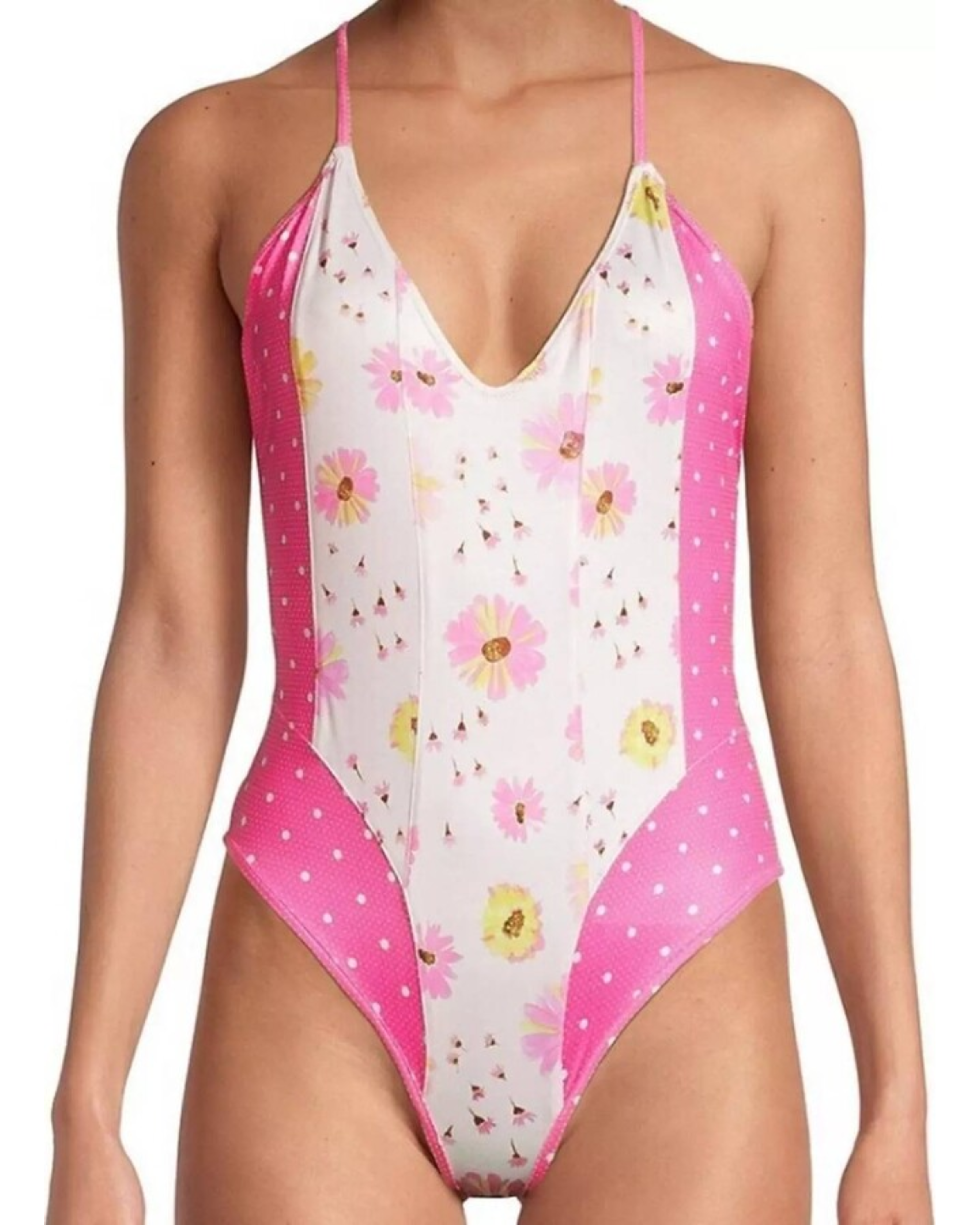 Pink and white floral print one piece swimsuit with polka dot side panels and halter straps — LoveShackFancy | Endless UAE
