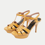 Yellow patent leather platform sandals with T-strap and ankle buckle closure — Yves Saint Laurent | Endless UAE