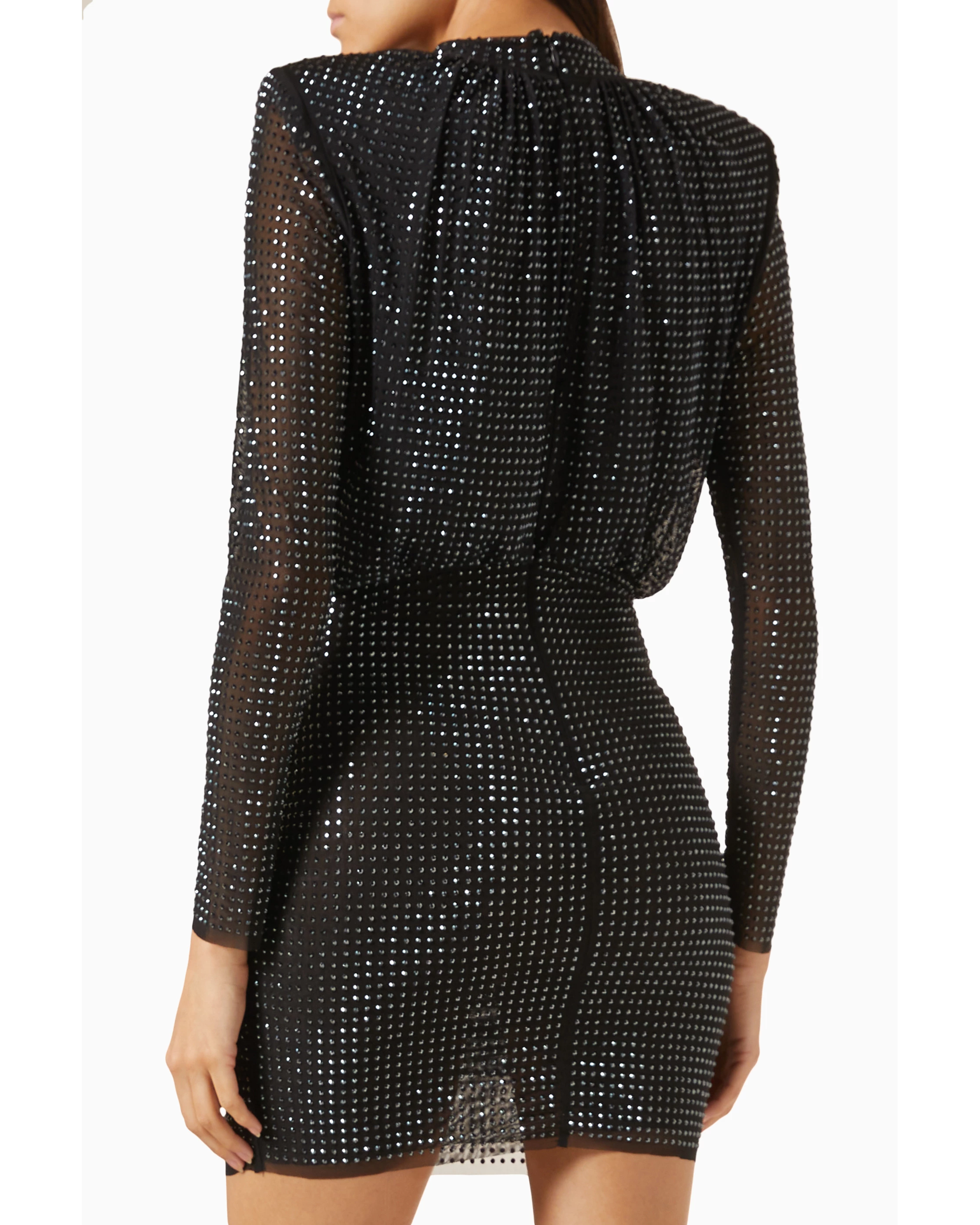 Black crystal-embellished stretch-mesh mini dress with long sleeves — Self-Portrait | Endless UAE