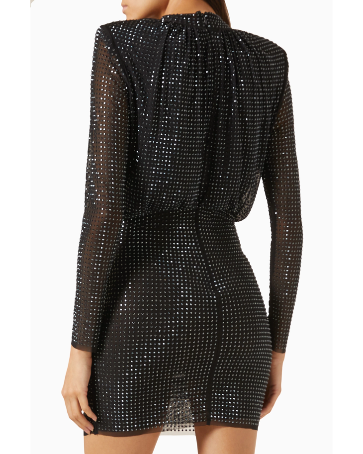 Black crystal-embellished stretch-mesh mini dress with long sleeves — Self-Portrait | Endless UAE