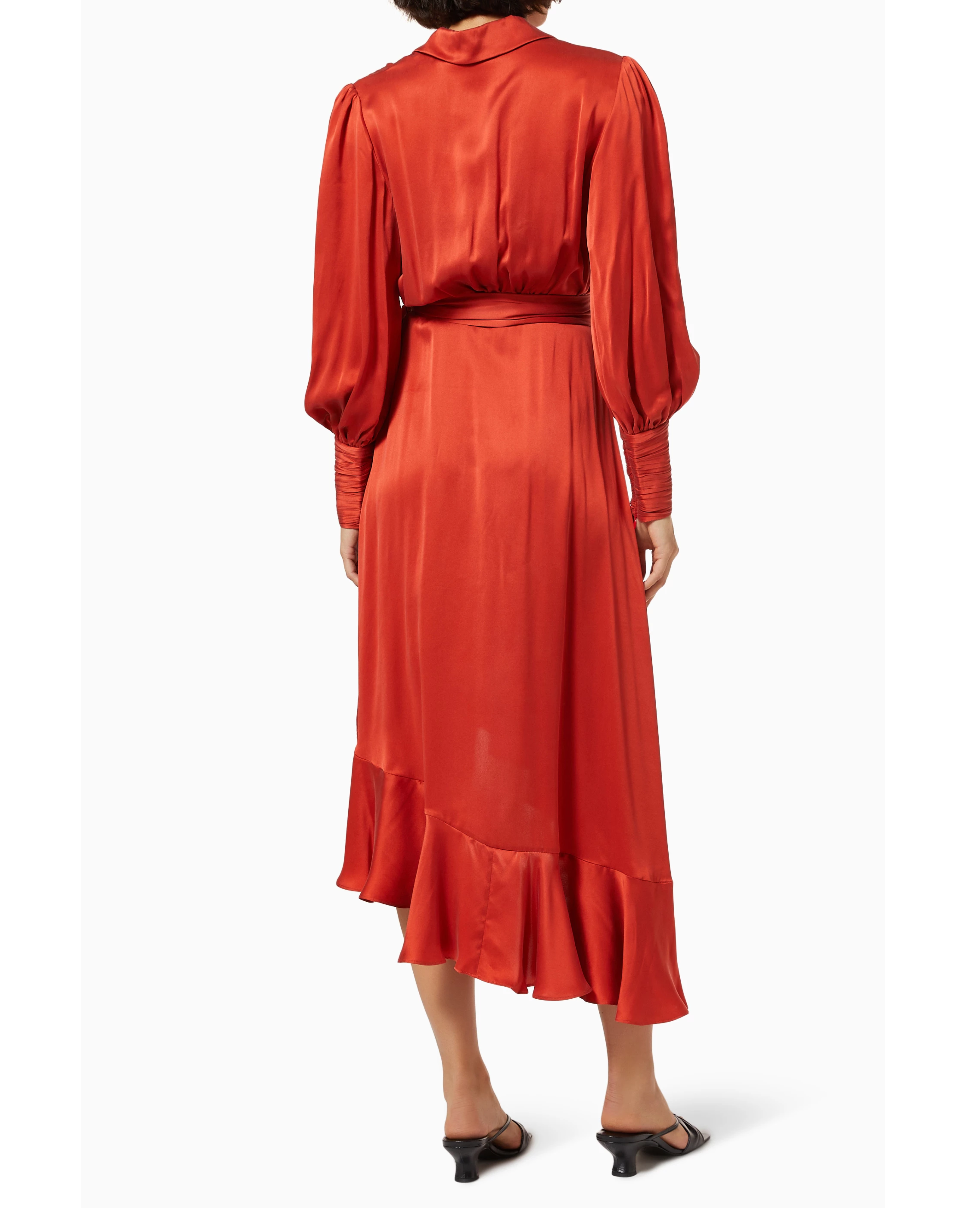Red silk wrap midi dress with long sleeves and asymmetrical hem — Zimmermann | Endless UAE