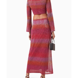 Piper Ombré Maxi Dress in shimmering pink, purple and orange tones with long sleeves and cutout waist — Never Fully Dressed | Endless UAE