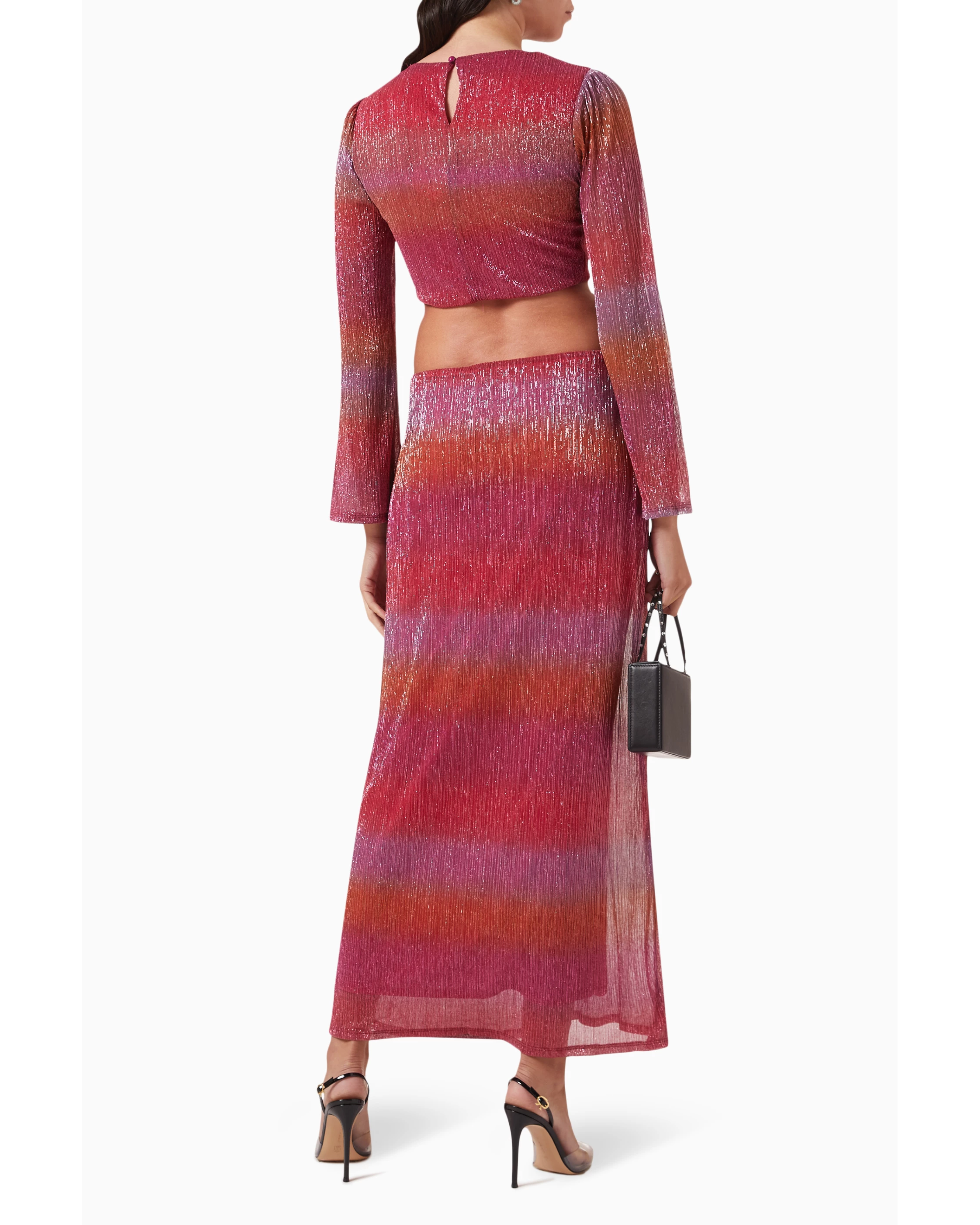 Piper Ombré Maxi Dress in shimmering pink, purple and orange tones with long sleeves and cutout waist — Never Fully Dressed | Endless UAE